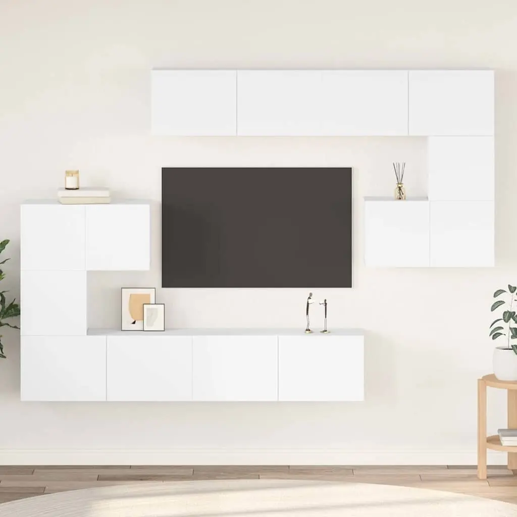 TV Cabinet Set Wall Mounted 8 Piece White Storage Compartments