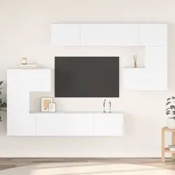 TV Cabinet Set 8 Piece White Wall Mounted Living Room Storage Compartments