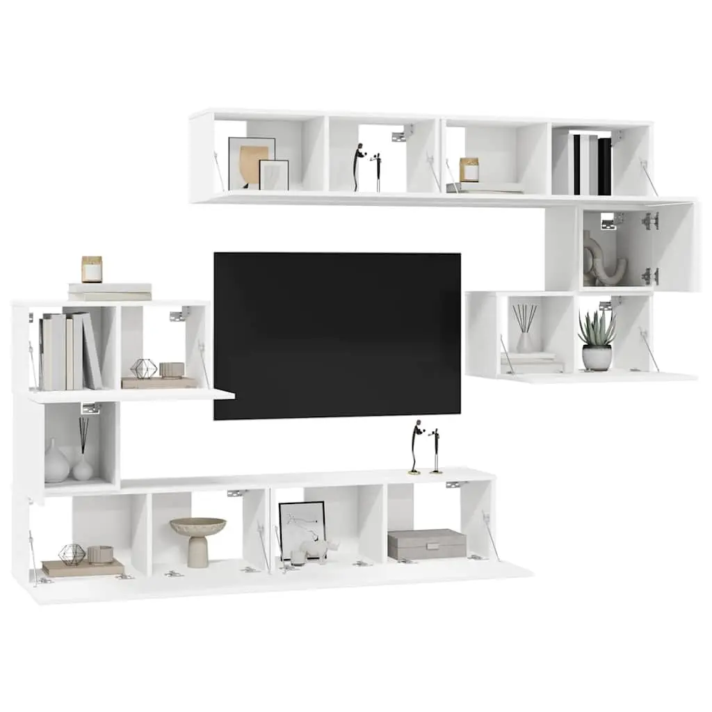 TV Cabinet Set Wall Mounted 8 Piece White Storage Compartments