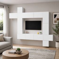 9 Piece TV Cabinet Set White Wall Mounted Storage Unit Living Room Furniture