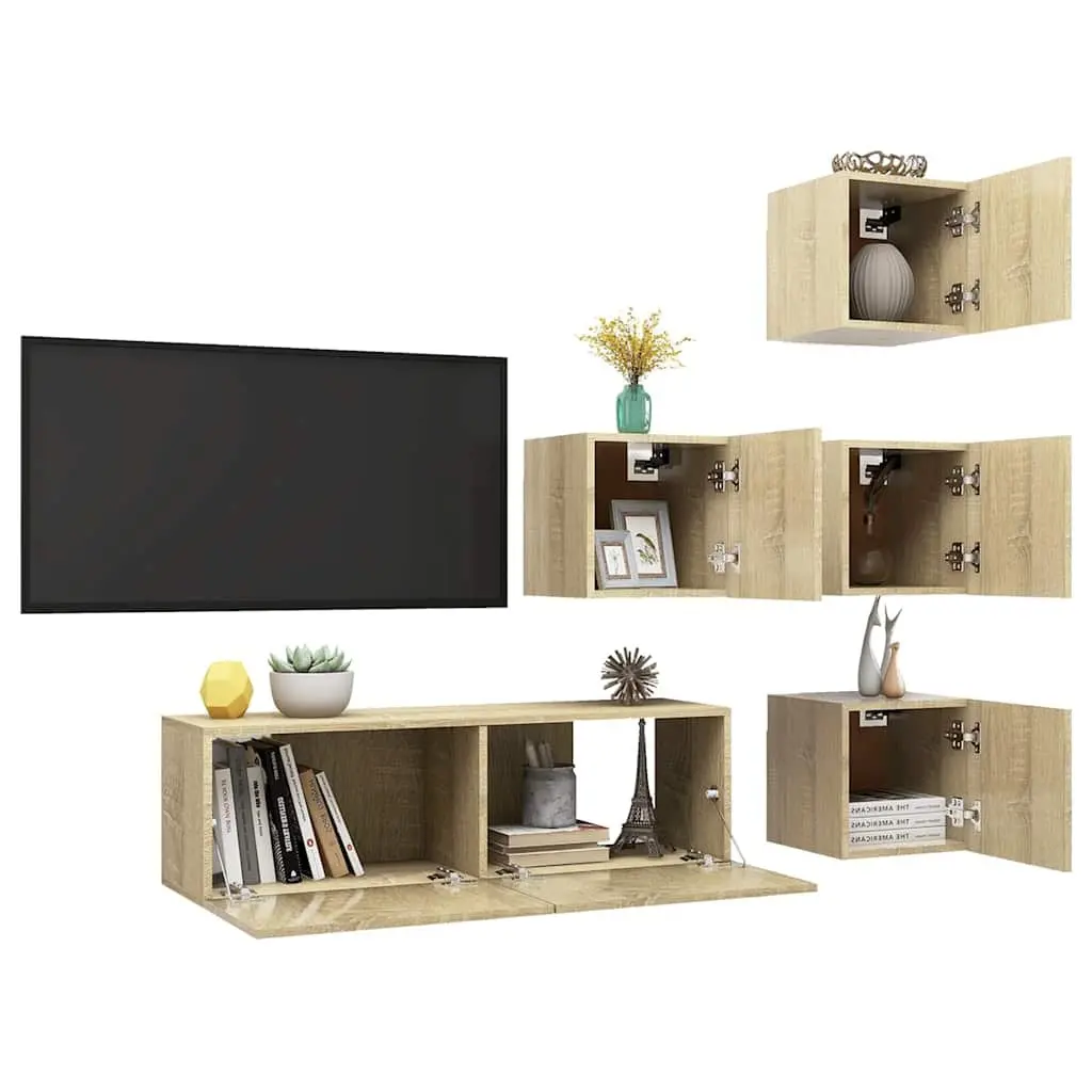 5 Piece TV Cabinet Set Wall Mounted Storage Unit Brown