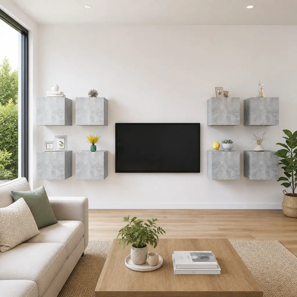 Wall Mounted TV Cabinet Unit 8 Piece Set Concrete Grey Storage Compartment