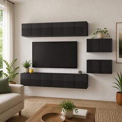 TV Cabinet Set 8 Piece Wall Mounted Grey Storage Unit Living Room Furniture
