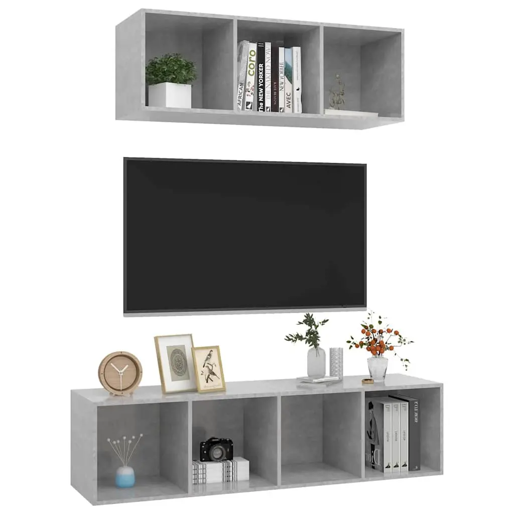 Wall-Mounted TV Cabinet Set Grey Engineered Wood Floating Shelf