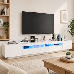 TV Cabinet with LED Lights White Modern Media Storage Unit 260x35x40cm