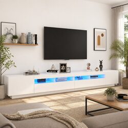 TV Cabinet White 300cm LED Lights Media Storage Unit Organiser Stand Furniture