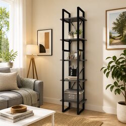5-Tier Book Cabinet Grey Pinewood Metal Frame Storage Shelving Unit 40x30x175cm