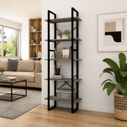 5-Tier Book Cabinet Grey Pinewood Storage Shelving Unit Standing Bookshelf