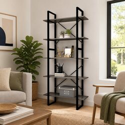 5-Tier Book Cabinet Grey Pinewood Metal Frame Standing Bookshelf Storage Display
