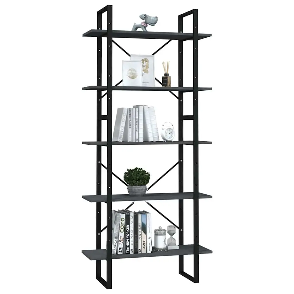 5-Tier Bookshelf Grey Pinewood Metal Frame Standing Storage Display