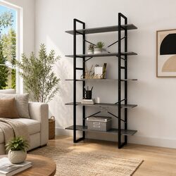 5-Tier Book Cabinet Grey Pinewood Metal Frame Standing Shelf Storage Display