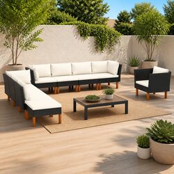 9 Piece Garden Lounge Set Outdoor Sofa PE Rattan Steel Frame Eucalyptus Wood