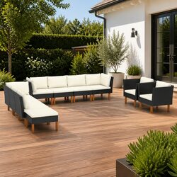 Garden Lounge Set 10 Piece Outdoor Furniture Poly Rattan Eucalyptus Wood Black
