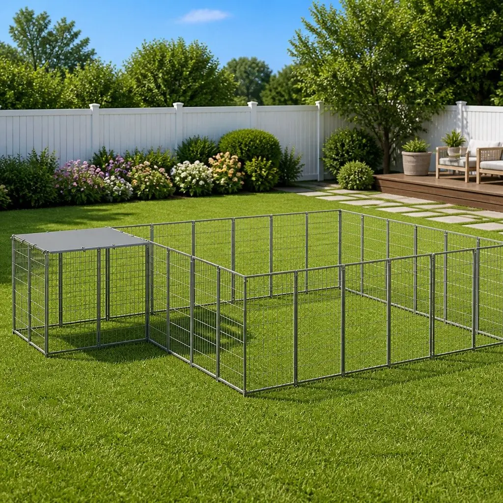 Dog Kennel Outdoor Run Enclosure Large Steel Wire Mesh Silver