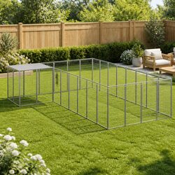 Dog Kennel Silver 10.89 m² Outdoor Pet Enclosure Steel Wire Mesh Cage Run