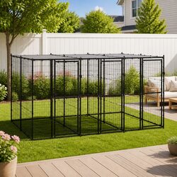 Dog Kennel Steel Outdoor Run Exercise Enclosure with Roof Mesh Sides Black
