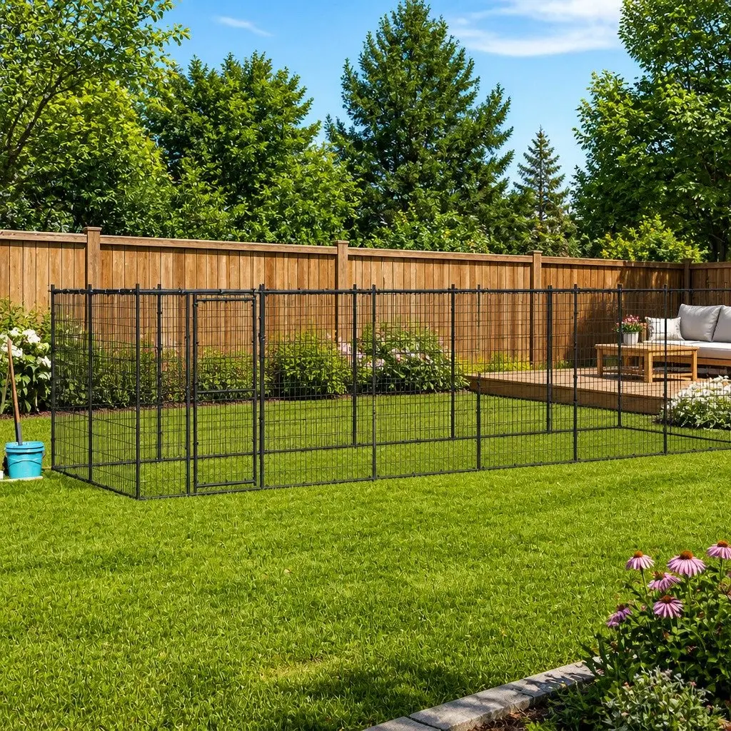Dog Kennel Outdoor with Roof 16.94 m² Steel Black Pet Enclosure Run Cage