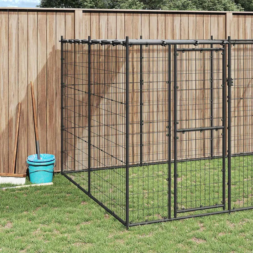 Dog Kennel Outdoor with Roof 16.94 m² Steel Black Pet Enclosure Run Cage