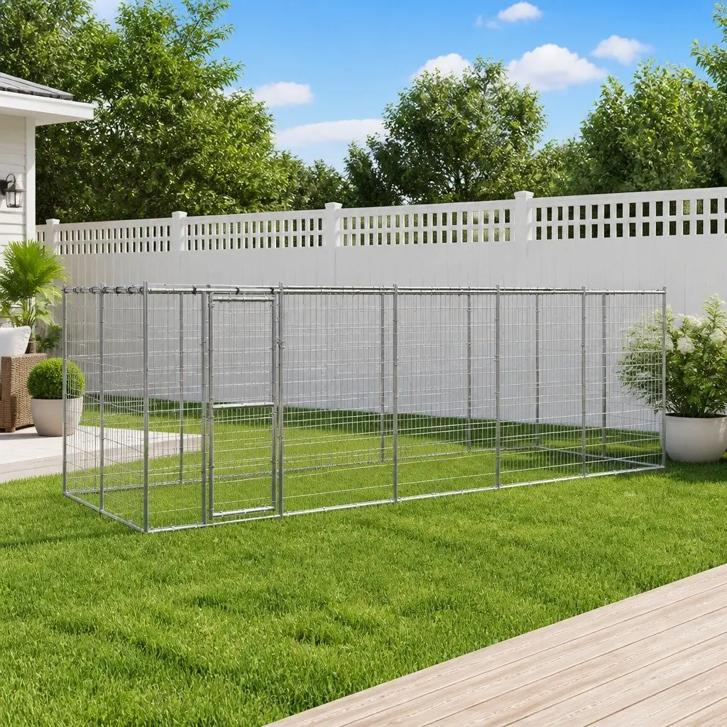 Dog Kennel Outdoor Galvanised Steel Mesh Run Exercise Pen Water Resistant Silver