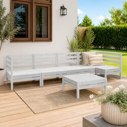 5 Piece Garden Lounge Set White Outdoor Furniture Modular Pinewood Relaxation