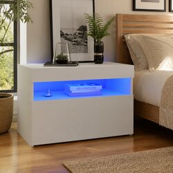 White Bedside Cabinet with RGB LED Lights Nightstand Side Table Storage