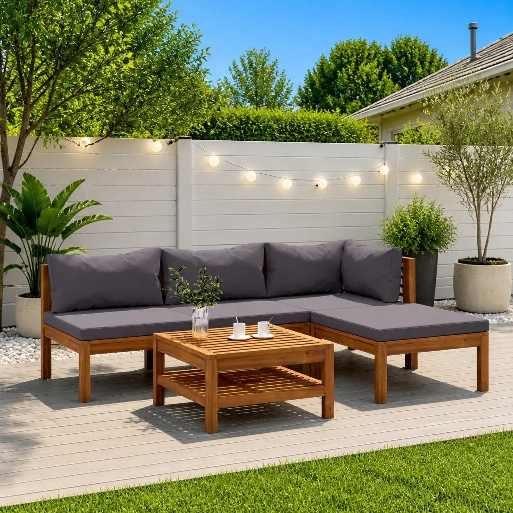5 Piece Garden Lounge Set with Cushions Grey Acacia Wood Outdoor Furniture Patio