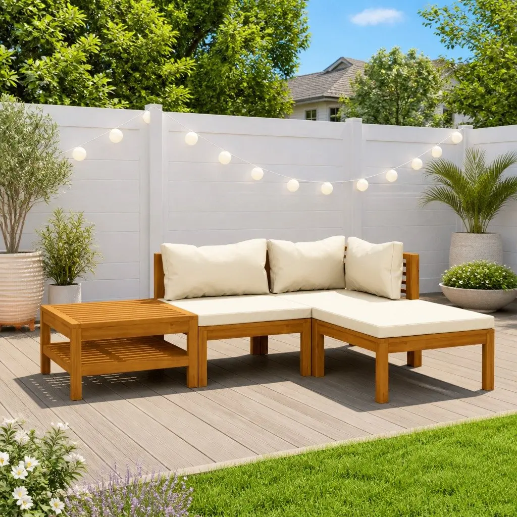 4 Piece Garden Lounge Set with Cushions Coffee Table Acacia Wood Outdoor Patio
