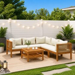 Garden Lounge Set 6 Piece Outdoor Furniture Acacia Wood Modular Sofa Patio Cream