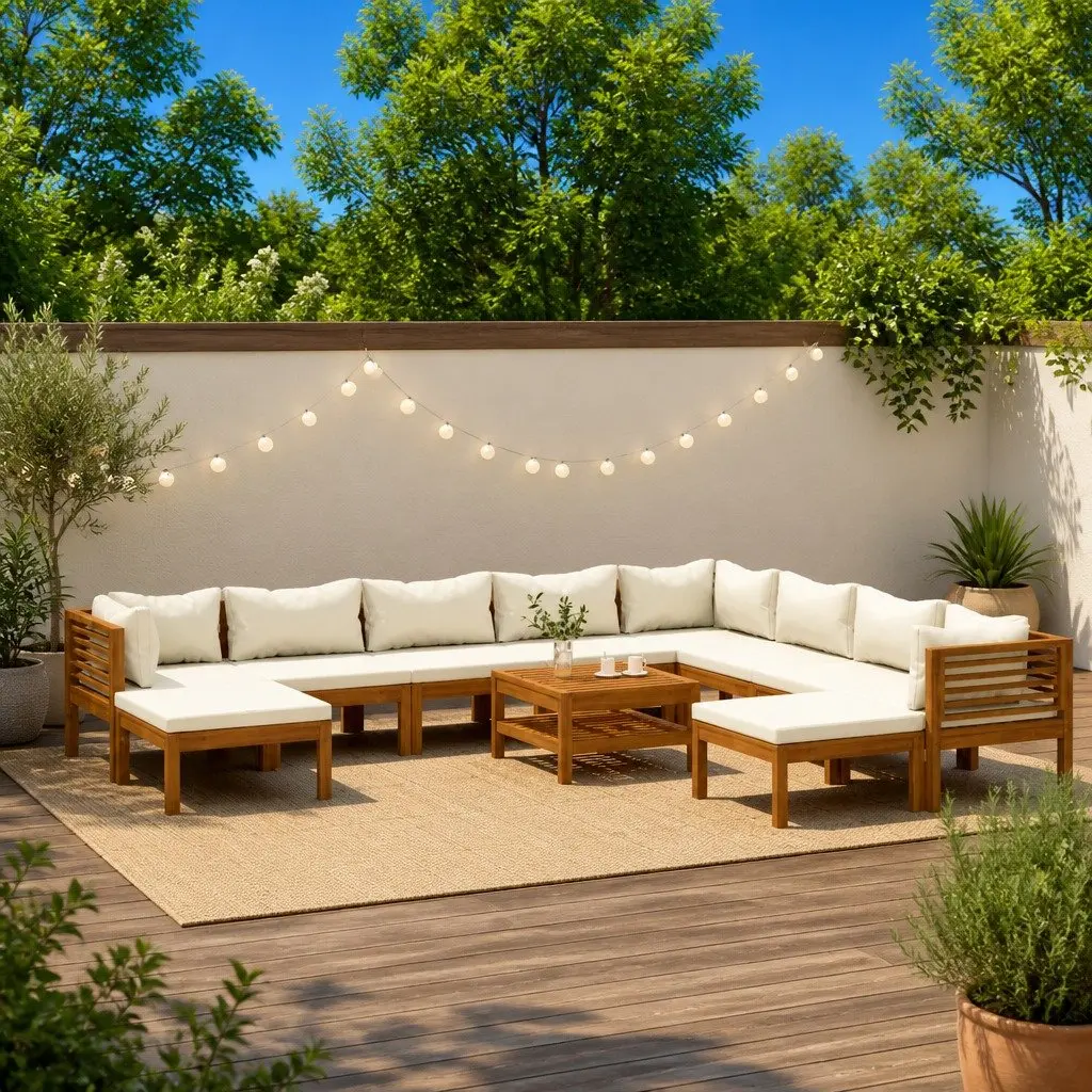 Outdoor Lounge Set 11 Piece Modular Acacia Wood Sofa with Cream Cushions