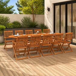 Garden Dining Set 11 Pieces Outdoor Patio Furniture Brown Wood Table Chairs