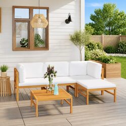 Garden Lounge Set 5 Piece Outdoor Furniture Teak Wood with Cream Cushions