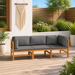 3-Seater Garden Sofa Outdoor Furniture Set Solid Teak Wood Grey Cushions Patio