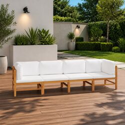 4-Seater Garden Sofa Outdoor Furniture Set Teak Wood Cream Cushions Patio Lounge