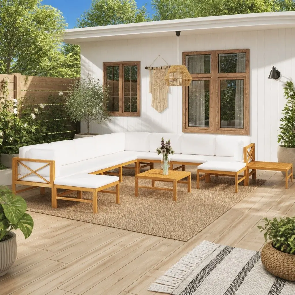 Garden Lounge Set 12 Piece Outdoor Furniture Patio Sofa with Cushions Teak Wood Cream