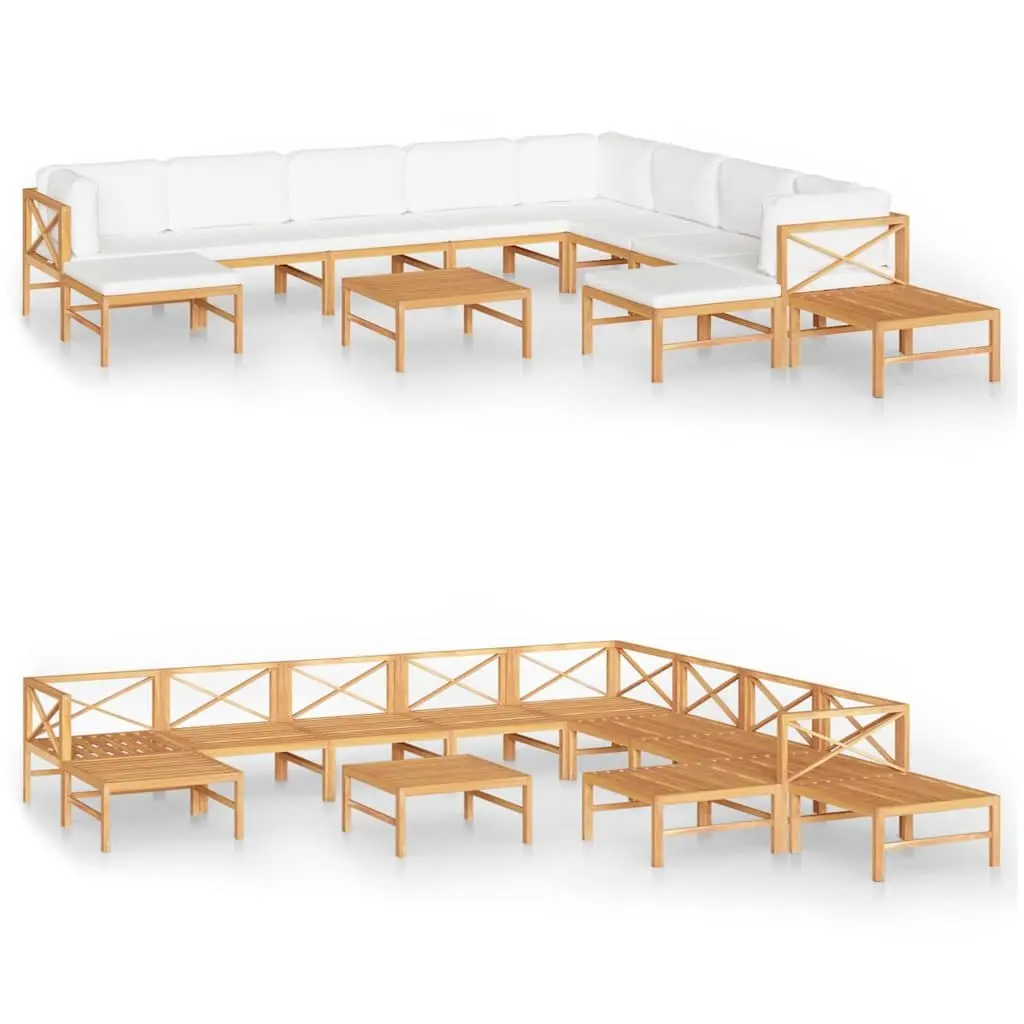 Garden Lounge Set 12 Piece Outdoor Furniture Patio Sofa with Cushions Teak Wood Cream