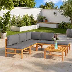 Garden Lounge Set 6 Piece Outdoor Furniture Teak Wood Grey Cushions Patio