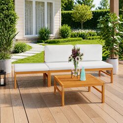 4 Piece Garden Lounge Set Outdoor Furniture Teak Wood Cream Cushions Patio Chair