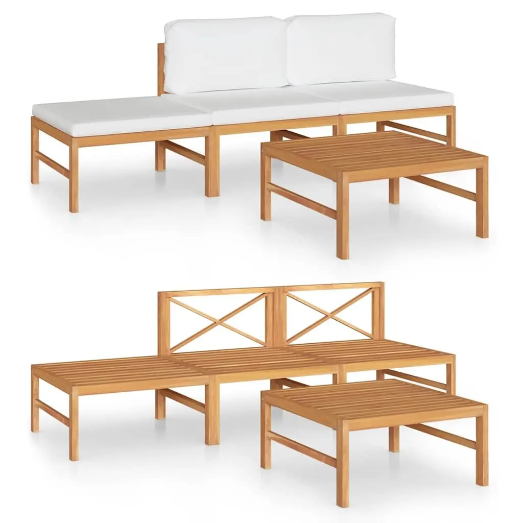 4 Piece Garden Lounge Set Outdoor Furniture Teak Wood Cream Cushions Patio Chair