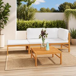 Garden Lounge Set 4 Piece Outdoor Furniture Teak Wood Cream Cushions Patio