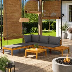 Garden Lounge Set 3 Piece Outdoor Furniture Acacia Wood with Grey Cushions Patio
