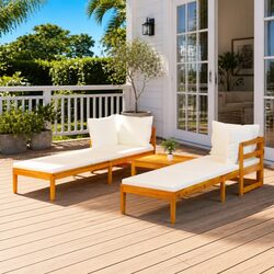 Garden Lounge Set 3 Piece Outdoor Patio Furniture Acacia Wood Cream Cushions