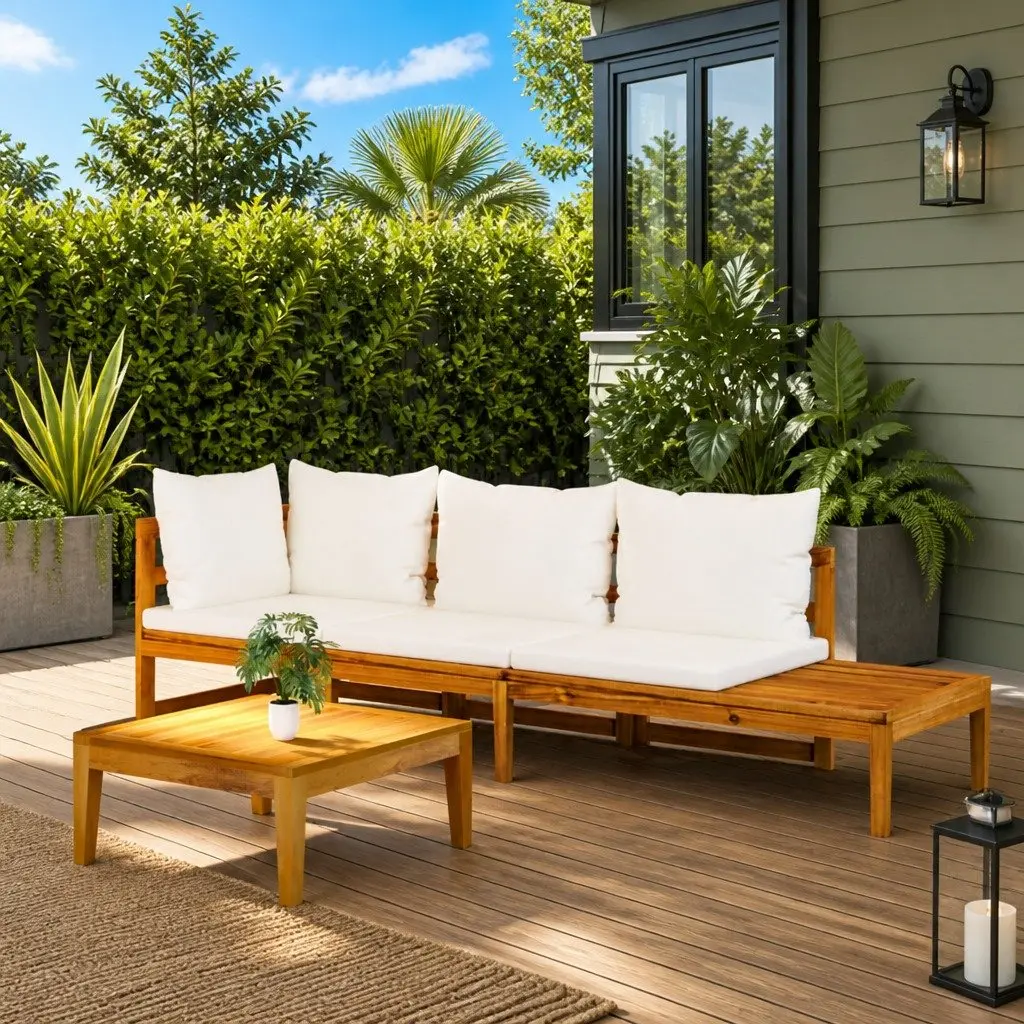 Garden Lounge Set 3 Piece Outdoor Furniture Acacia Wood Patio Sofa with Cream Cushions