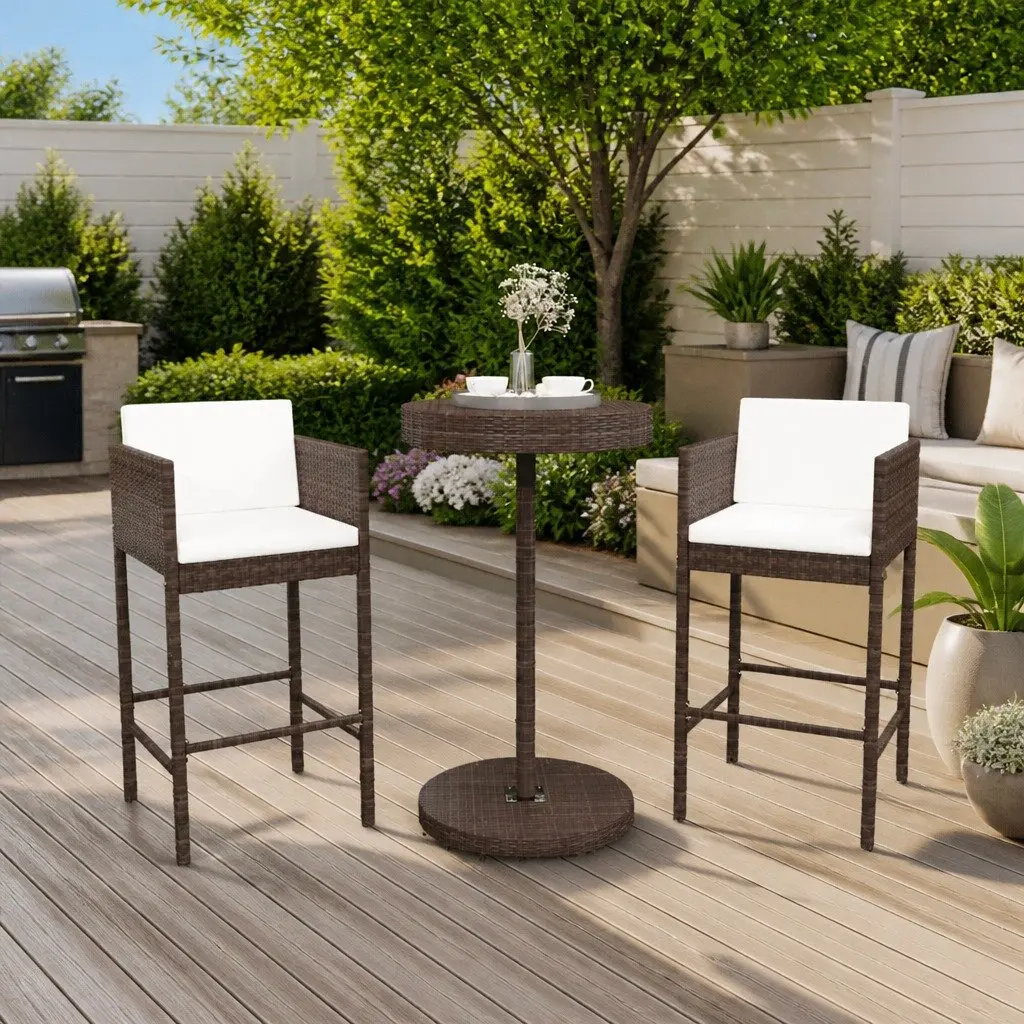 3 Piece Garden Bar Set with Cushions Outdoor Rattan Table and Stools Brown