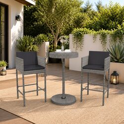 Garden Bar Set 3 Piece Outdoor Furniture with Cushions Grey Poly Rattan