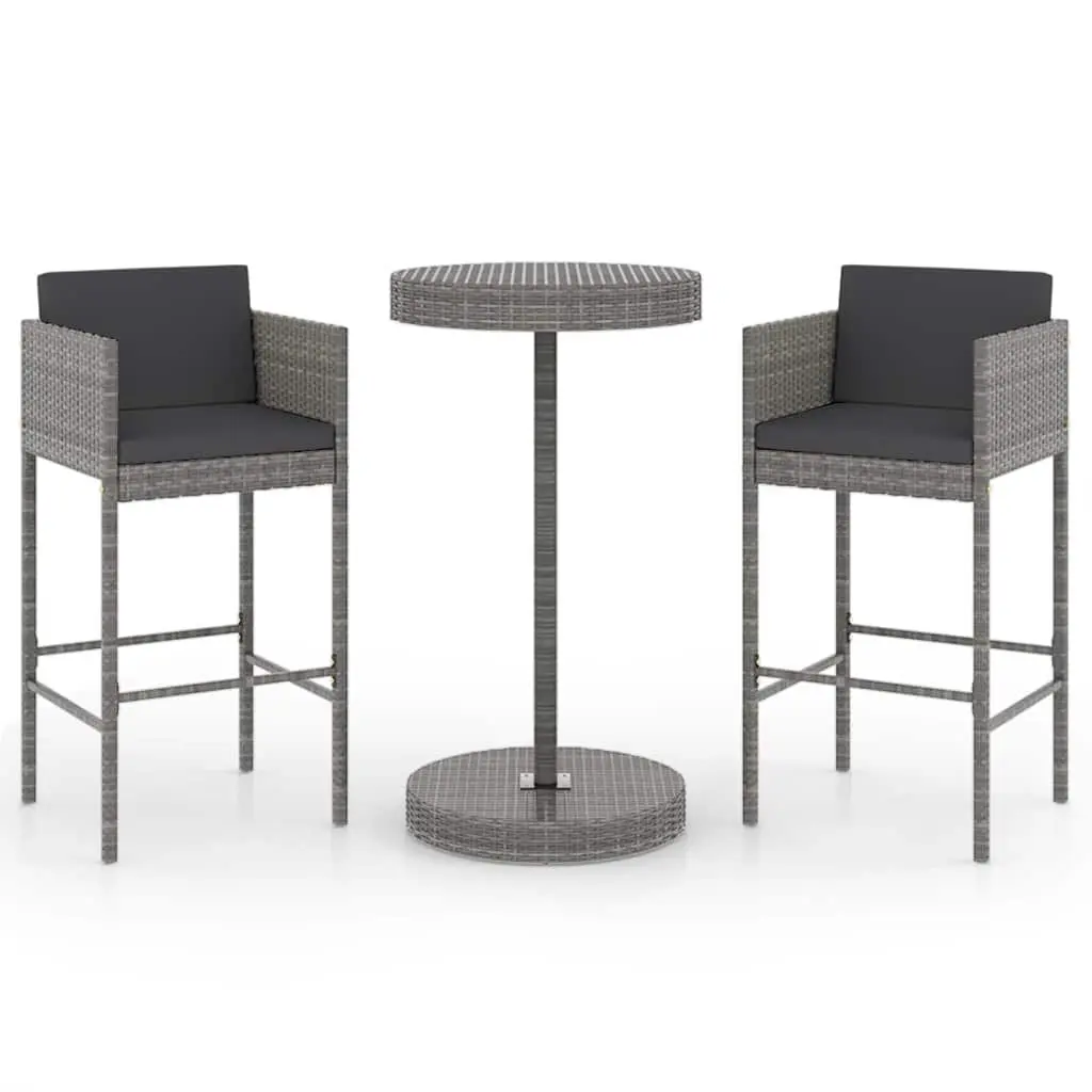 3 Piece Garden Bar Set with Cushions Outdoor Poly Rattan Table Stools Grey