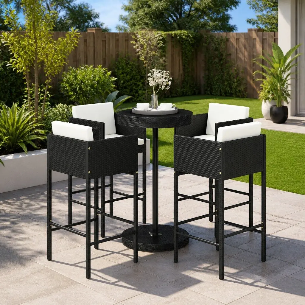 5 Piece Garden Bar Set with Cushions Outdoor Rattan Bar Table Stools Black