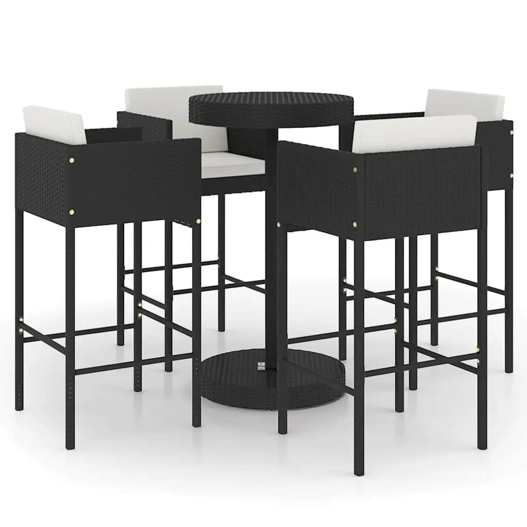 5 Piece Garden Bar Set with Cushions Outdoor Rattan Bar Table Stools Black
