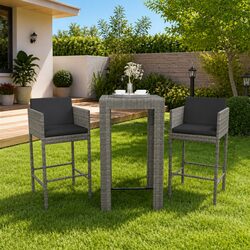 3 Piece Outdoor Bar Set Garden Furniture Grey PE Rattan with Cushions Stools