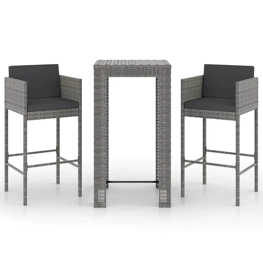 3 Piece Garden Bar Set Outdoor Rattan Bar Table Stools with Cushions Grey