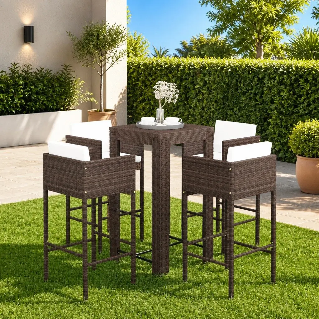 5 Piece Outdoor Bar Set Poly Rattan Garden Bar Table Stools with Cushions Brown